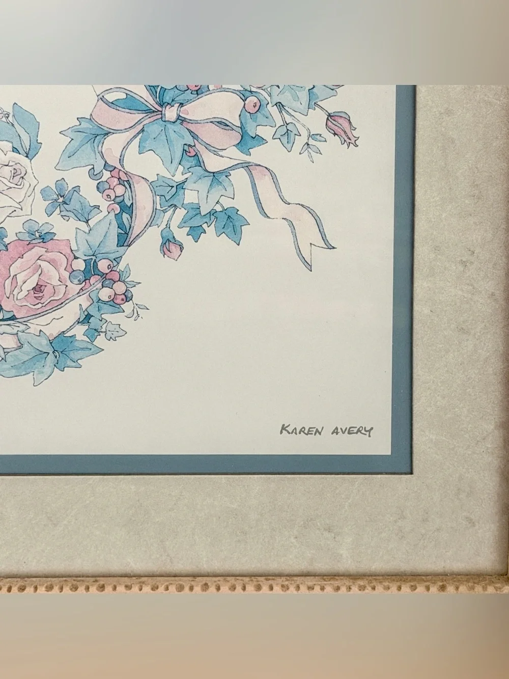 Vintage Dove & Roses Print Artwork Framed Matted Art Karen Avery Cottagecore